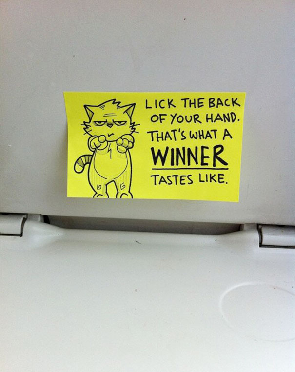 a motivational sticky note cartoon with a cat by october jones