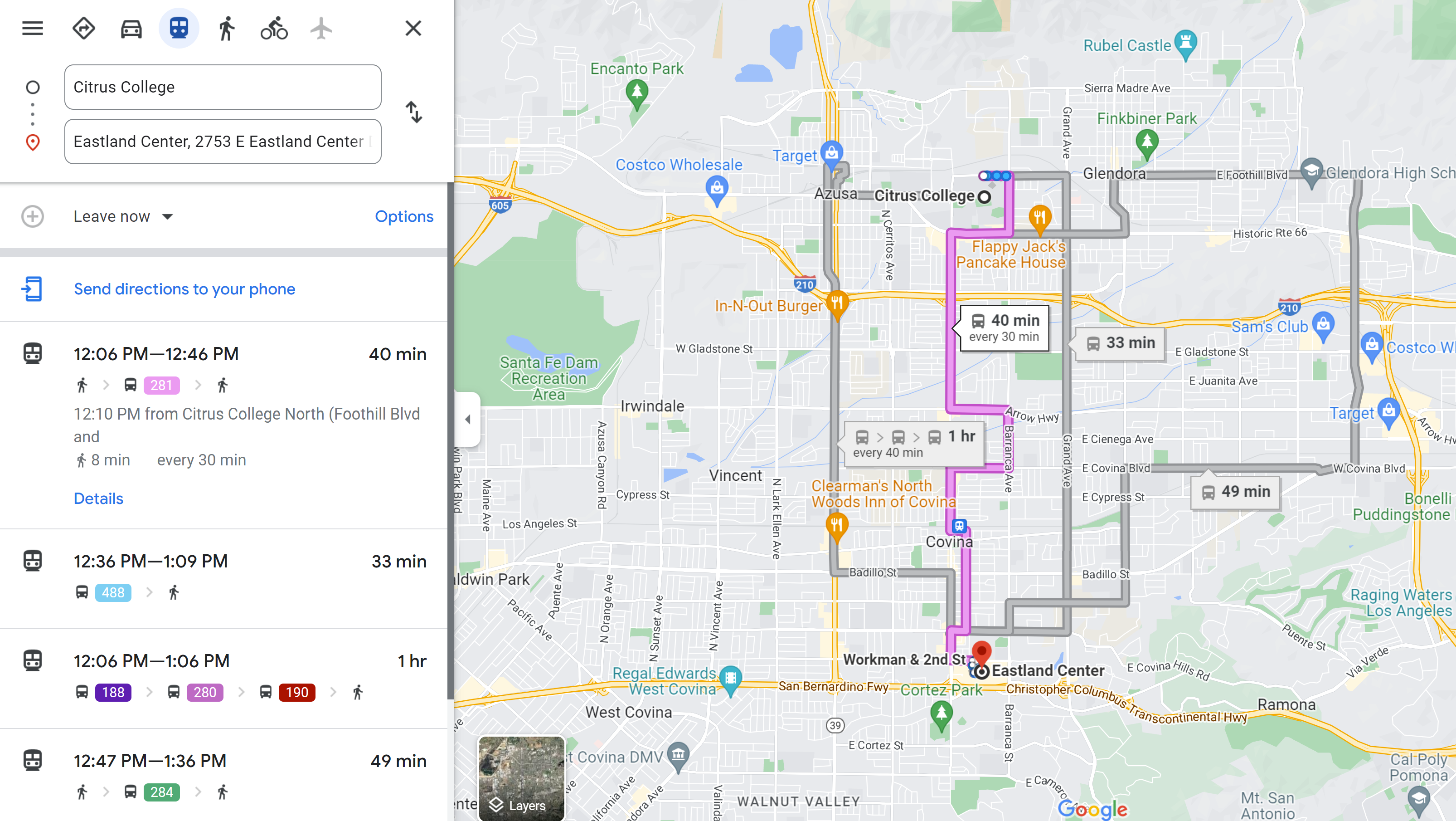 Example of trip planning with Google Maps