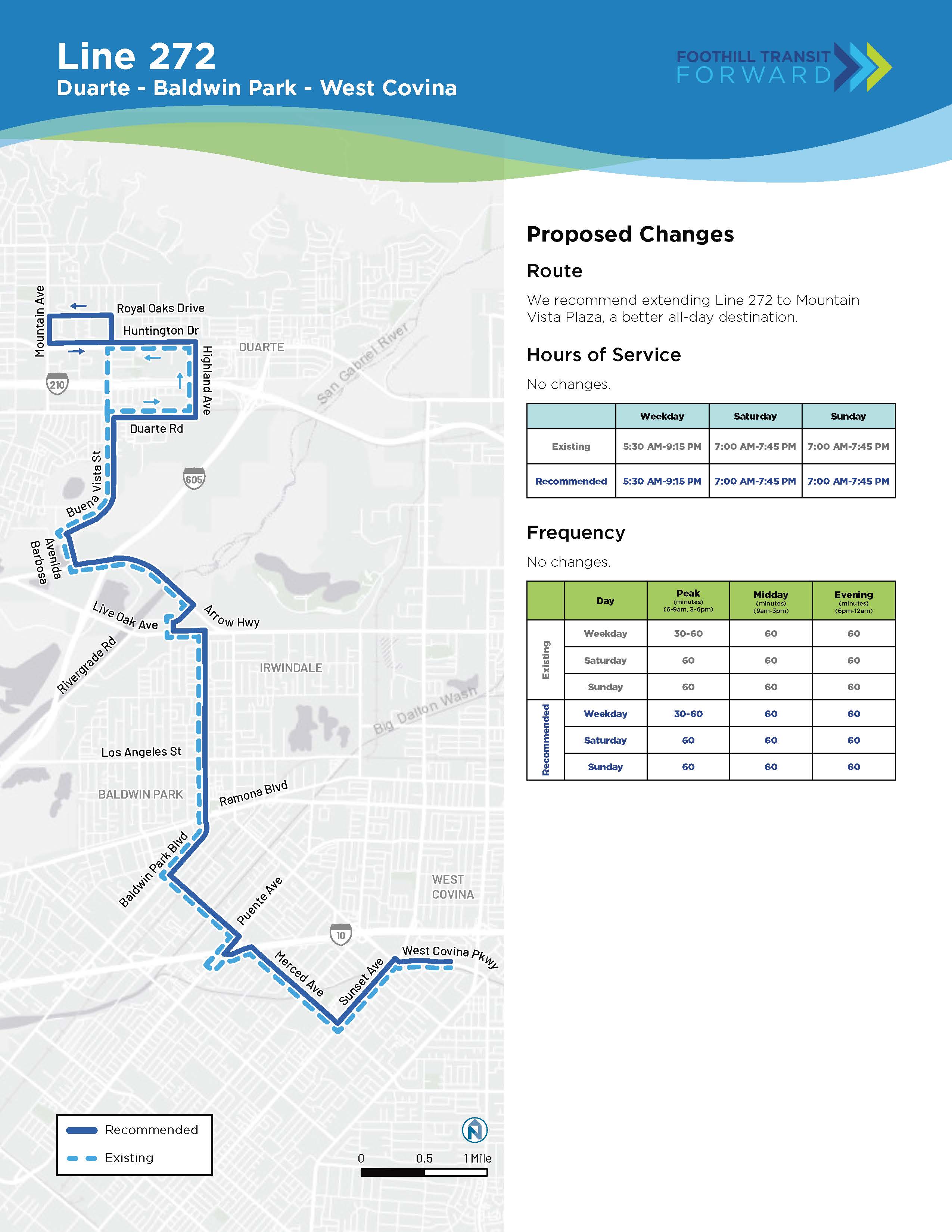 Proposed Changes: Route: We recommend extending Line 272 to Mountain Vista Plaza, a better all-day destination. Hours of Service: No changes. Frequency: No changes.