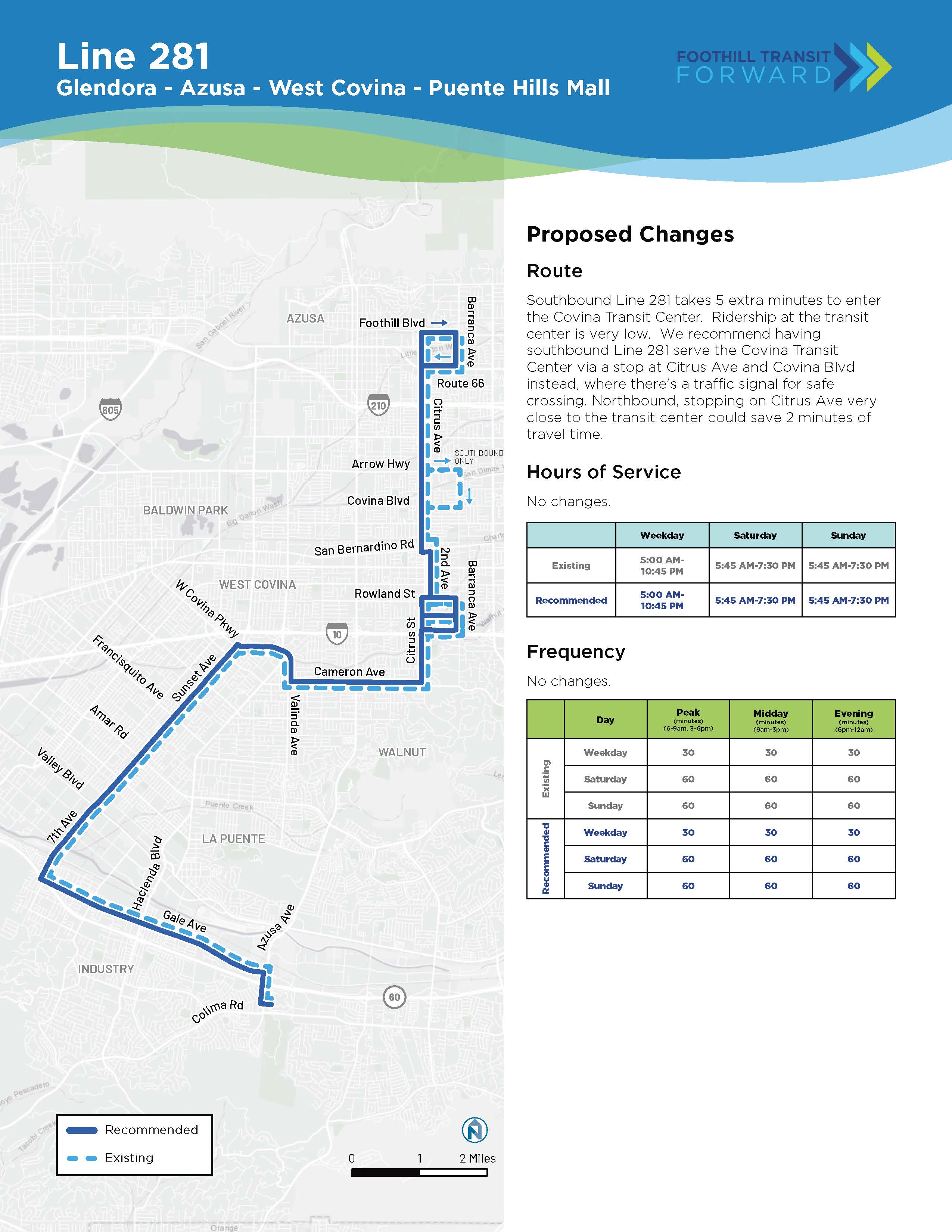 Proposed Changes to Coverage: Southbound Line 281 makes a 5 minute deviation to the Covina Transit Center. Ridership is very low there. Southbound Line 281 could stop near the center at Citrus Ave/Covina Blvd by a traffic signal. Northbound Line 281 could also be adjusted to save 2 minutes of travel time. It could stop on Citrus Ave 100 yards from the transit center platform. Many customers will benefit from better reliability and faster travel times. No changes to Hours of Service or frequency.