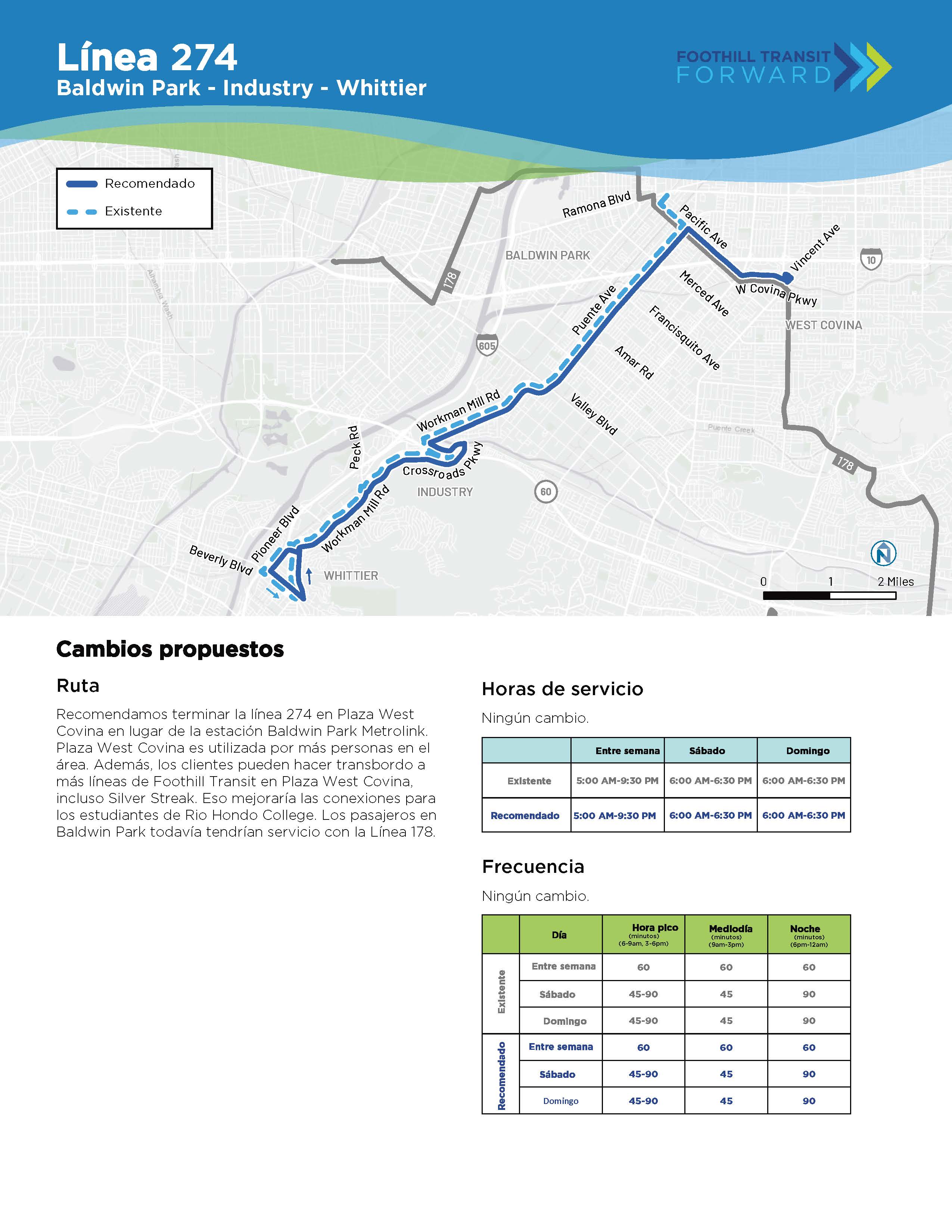 Recomendamos terminar la línea 274 en Plaza West Covina en lugar de la estación Baldwin Park Metrolink. Plaza West Covina es utilizada por más personas en el área. Además, los clientes pueden hacer transbordo a más líneas de Foothill Transit en Plaza West Covina, incluso Silver Streak. Eso mejoraría las conexiones para los estudiantes de Rio Hondo College. Los pasajeros en Baldwin Park todavía tendrán servicio con la Línea 178.