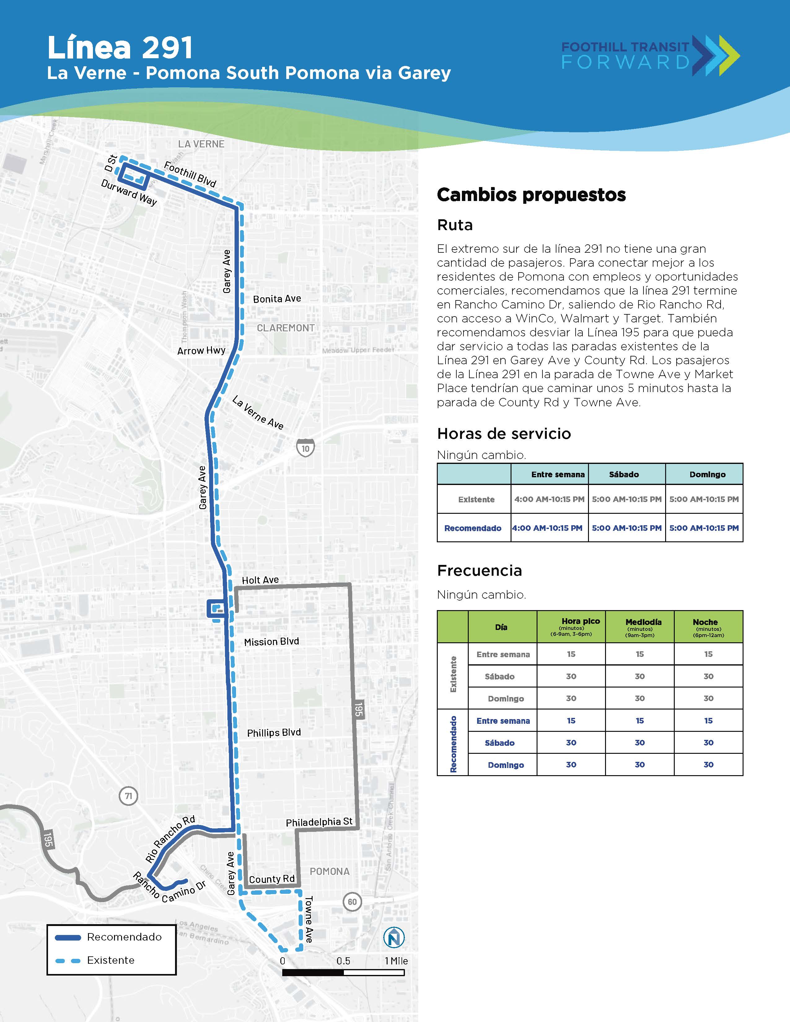 El extremo sur de la línea 291 no tiene una gran cantidad de pasajeros. Para conectar mejor a los residentes de Pomona con empleos y oportunidades comerciales, recomendamos que la linea 291 termine en Rancho Camino Dr, saliendo de Rio Rancho Rd, con acceso a WinCo, Walmart y Target. También recomendamos desviar la Línea 195 para que pueda dar servicio a todas las paradas existentes de la Línea 291 en Garey Ave y County Rd. Los pasajeros de la Línea 291 en la parada de Towne Ave y Market Place tendrían que c