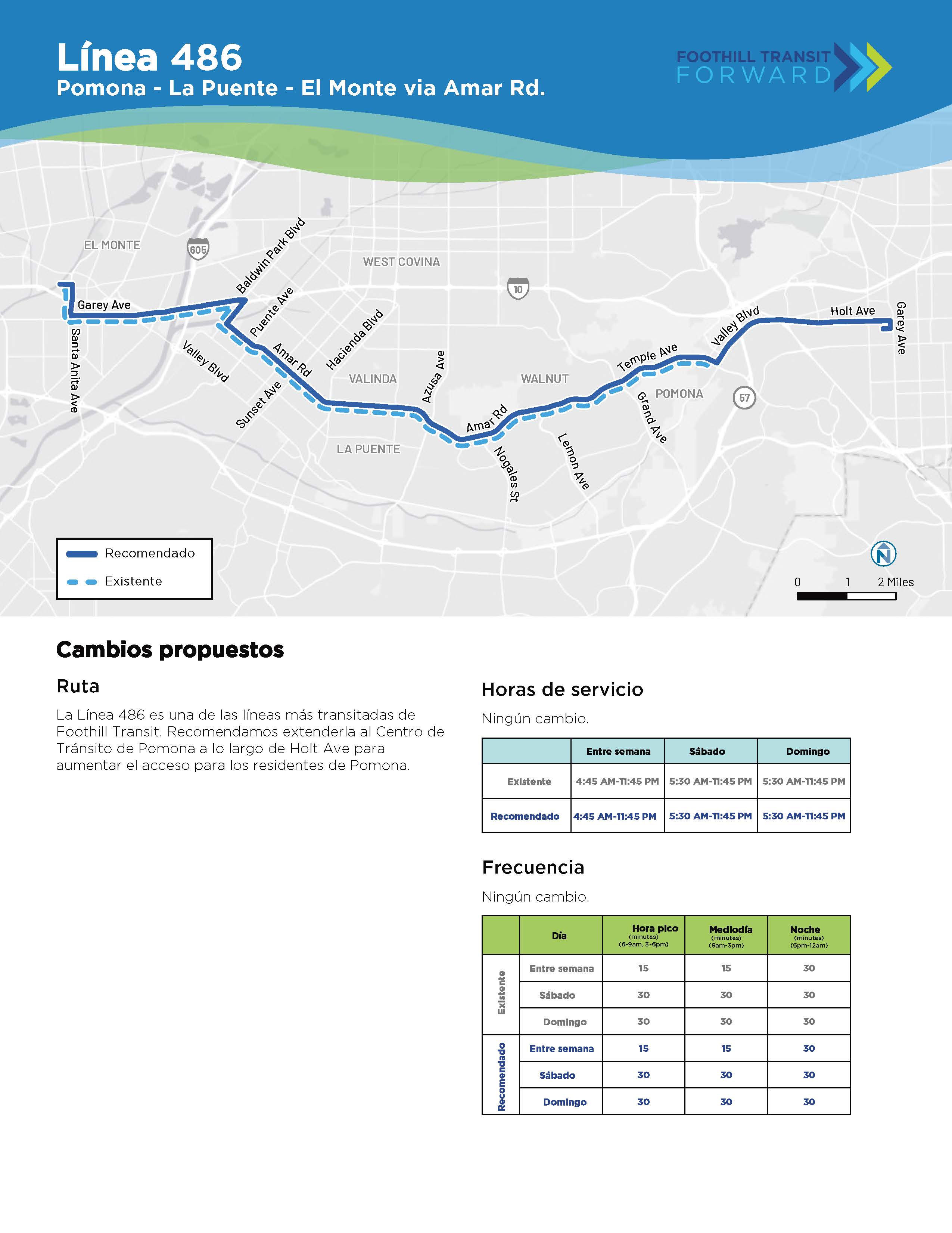 La Línea 486 es una de las líneas más transitadas de Foothill Transit. Recomendamos extenderla al Centro de Tránsito de Pomona a lo largo de Holt Ave para aumentar el acceso para los residentes de Pomona.