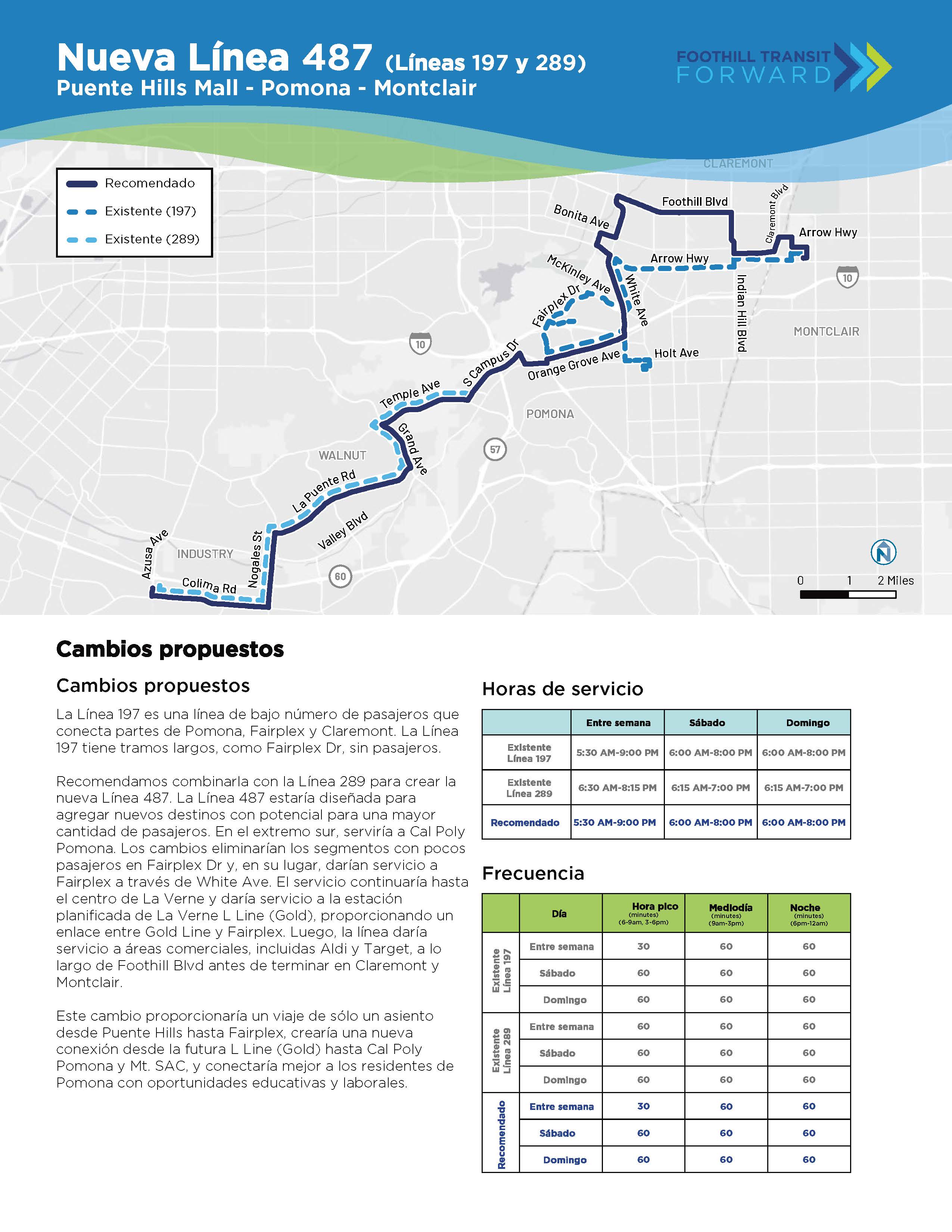 La Línea 197 lleva pocos pasajeros. Recomendamos combinarla con la Línea 289 para crear la nueva Línea 487 con destinos más populares. Cambiaría segmentos con pocos pasajeros por servicio al Fairplex a través de White Ave. Continuaría hasta la estación planificada de La Verne de la L Line, conectándola con Fairplex. Daría servicio a áreas comerciales en Foothill y terminaría en Montclair. Sería un viaje de sólo un asiento entre Puente Hills y Fairplex y una conexión entre la L Line y CPP y Mt SAC.