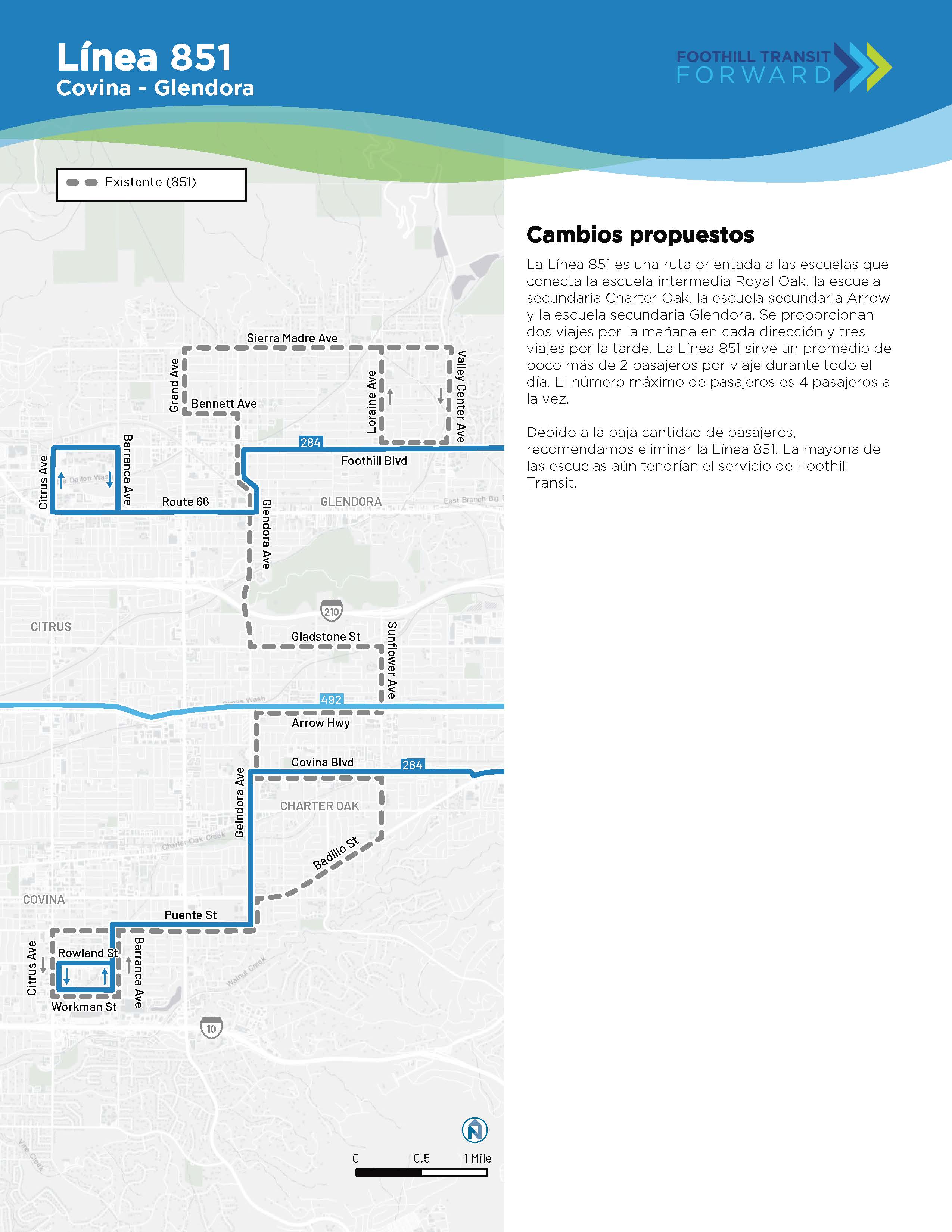 La Línea 851 es una ruta orientada a las escuelas que conecta la escuela intermedia Royal Oak, la secundaria Charter Oak, la secundaria Arrow y la secundaria Glendora. Se proporcionan 2 viajes por la mañana en cada dirección y 3 viajes por la tarde. La línea sirve un promedio de poco más de 2 pasajeros por viaje durante todo el día. El número máximo de pasajeros es 4 pasajeros a la vez. Debido a la baja cantidad de pasajeros, recomendamos eliminar la línea. La mayoría de las escuelas aún tienen servicio.