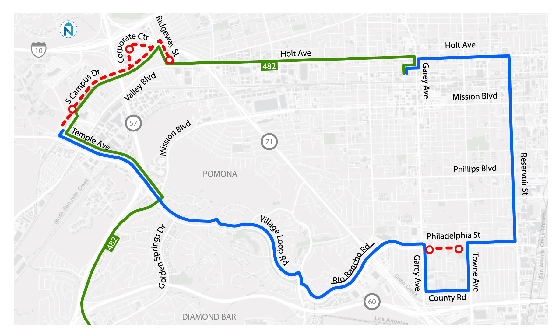 Corporate Center ループ サービスは終了し、ルートは Country Rd. まで延長されます。 S Campus Dr でのサービスには Line 482 を使用してください。