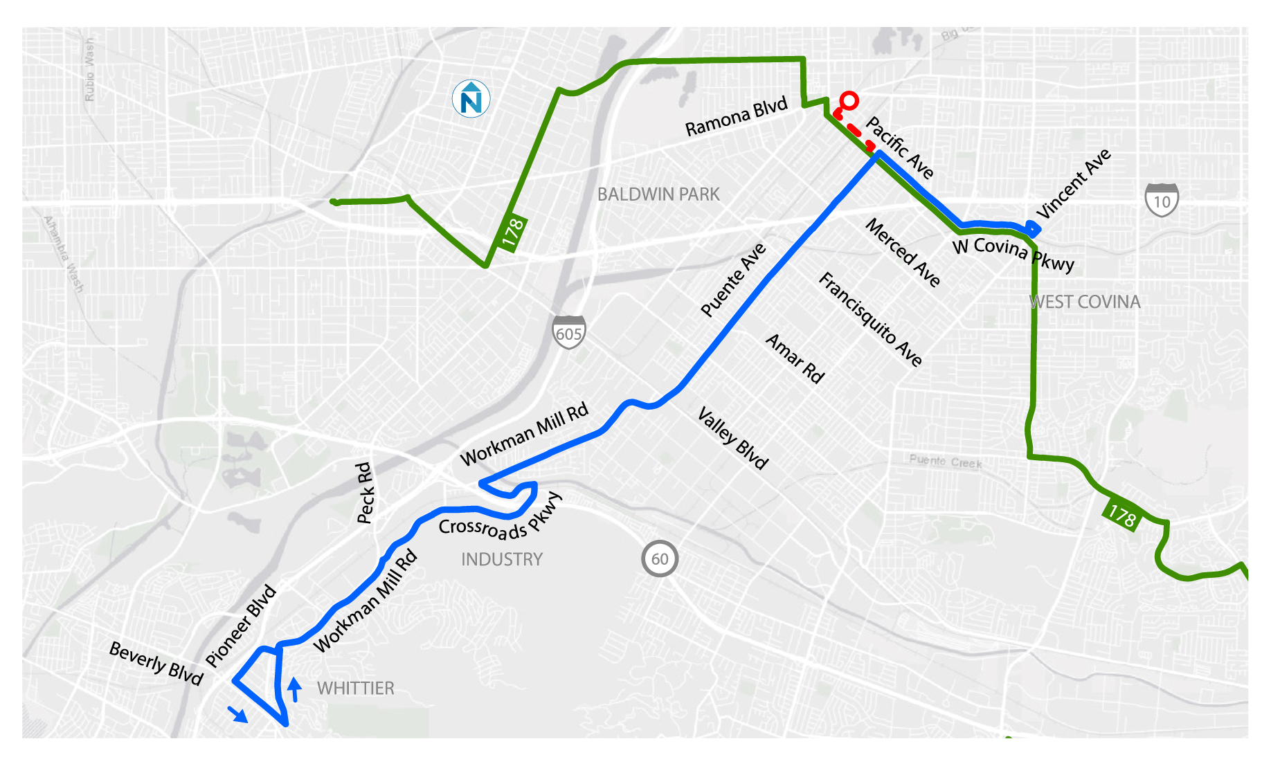 สาย 274 จะสิ้นสุดที่ Plaza West Covina แทนสถานี Baldwin Park Metrolink สาย 178 ยังคงเชื่อมต่อ West Covina กับสถานี Baldwin Park Metrolink