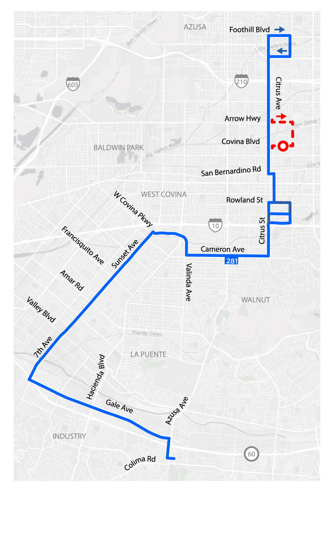 ستبقى الرحلات المتجهة جنوبًا في Citrus Ave بدلاً من التوقف داخل مركز Covina Transit Center.