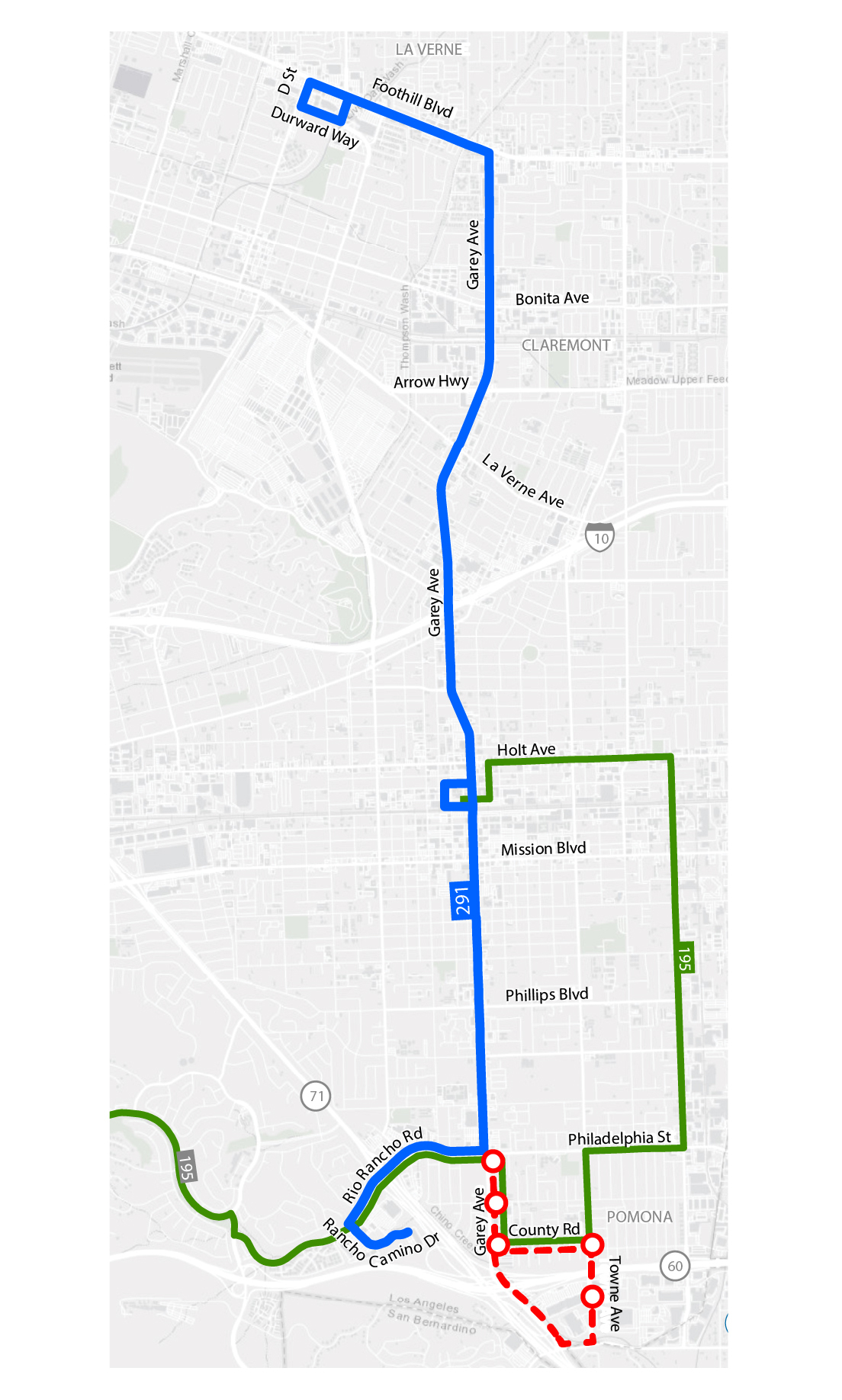 南端将服务于 Rancho Camino Dr，而不是 County Rd 和 Towne Ave。195 线仍将服务于 Garey Ave 和 County Rd。