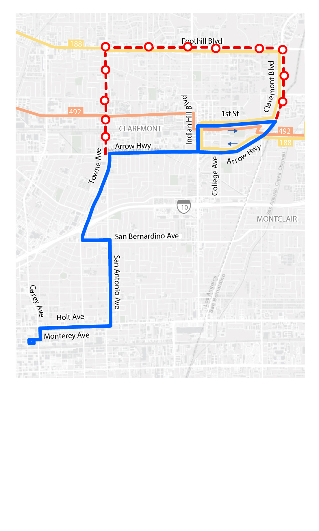 Ang hilagang bahagi ay maglalakbay sa kahabaan ng Arrow Hwy sa halip na sa Foothill Blvd. Ang Line 188 ay patuloy na nagsisilbi sa Foothill Blvd.