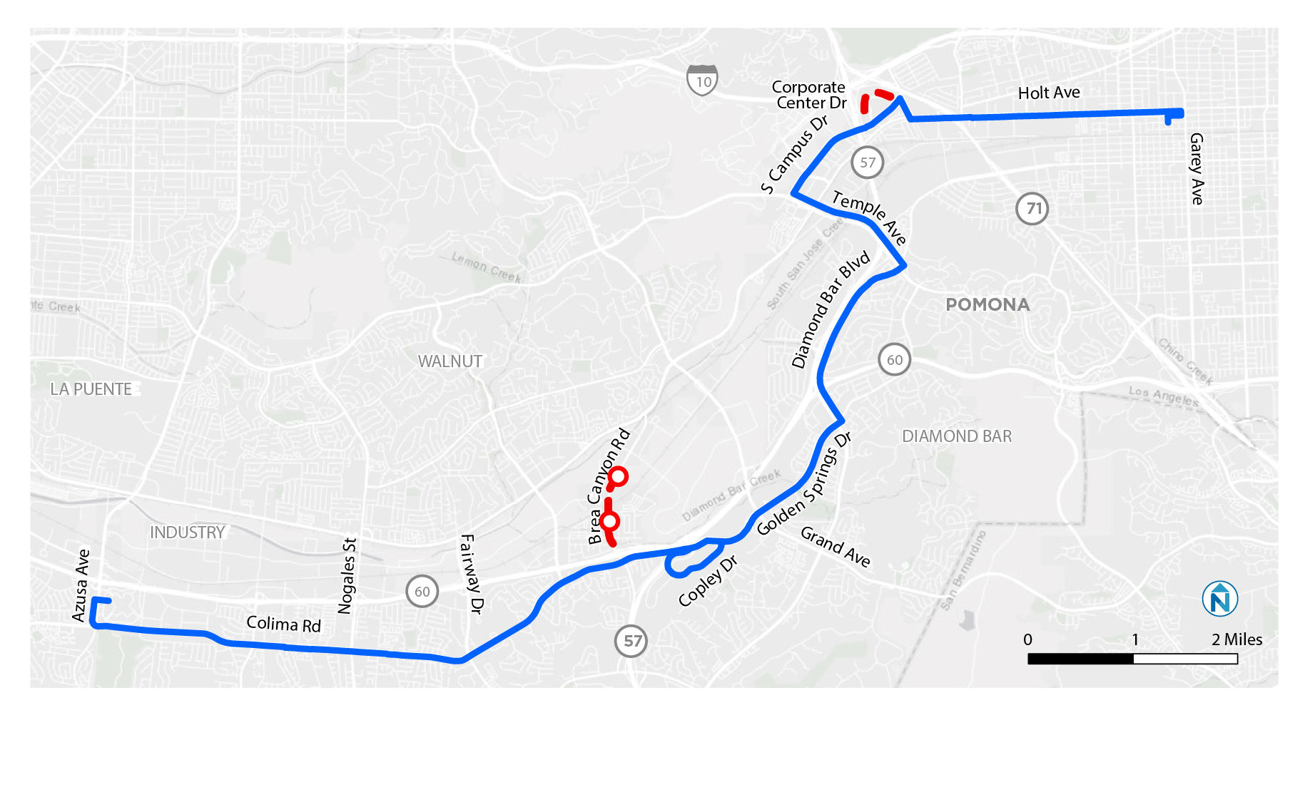 La línea 482 ya no realizará paradas a lo largo de Brea Canyon Rd o el circuito Corporate Center Dr.