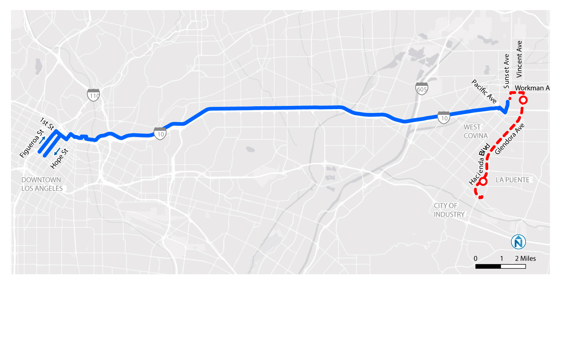 Hindi na magsisilbi ang Line 498 sa Industry City Hall Park & ​​Ride at ang hintuan sa Vincent Ave at Lakes Dr. Ang linya ay magsisimula sa West Covina City Hall stop.