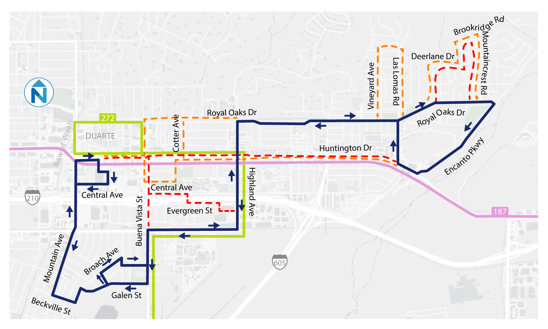 Ang serbisyo sa Linya 861 ay magtatapos. Ang Line 860 ay maglalakbay sa kahabaan ng Royal Oaks Dr, at ang serbisyo sa Huntington Dr at ang mga hintuan sa hilaga ng Royal Oaks Dr ay magtatapos. Ang Linya 272 ay magsisilbi na ngayon sa ilan sa mga hintuan sa Buena Vista St. Ang Linya 187 ay patuloy na nagsisilbi sa Huntington Dr.