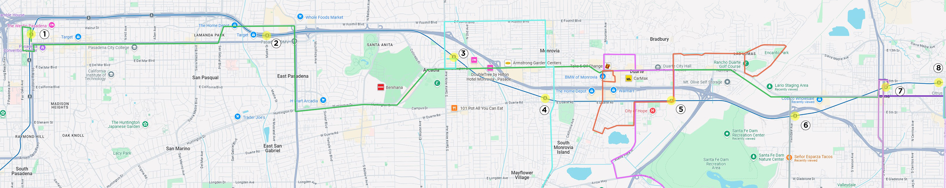 map of Metro Rail stations and connecting Foothill Transit lines