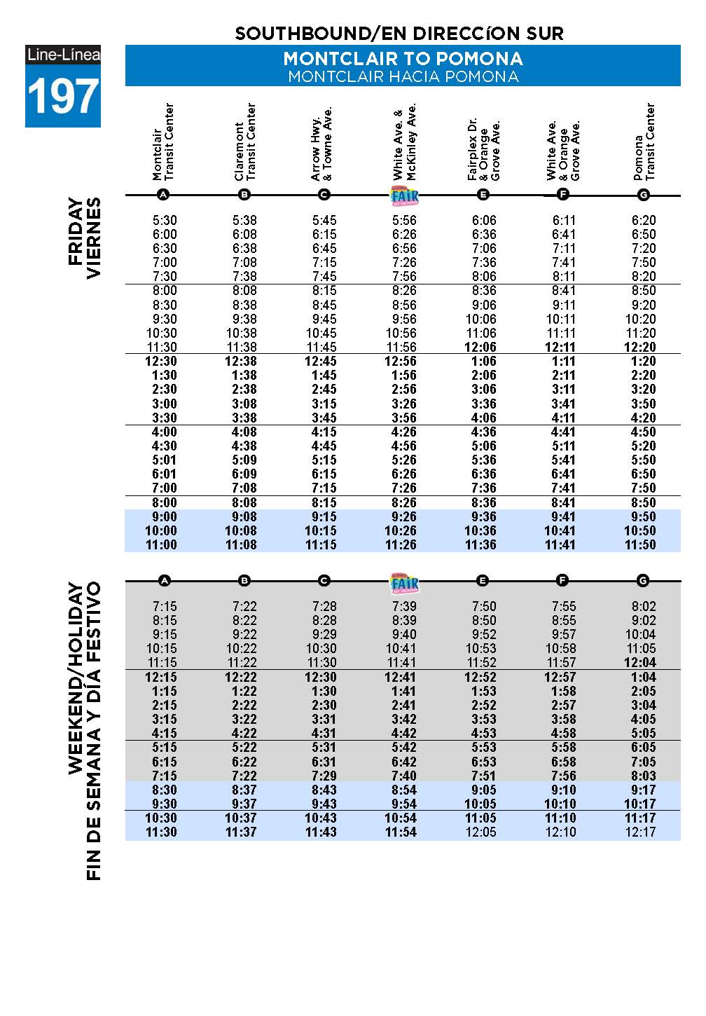 Southbound Friday and weekend Line 197 schedules