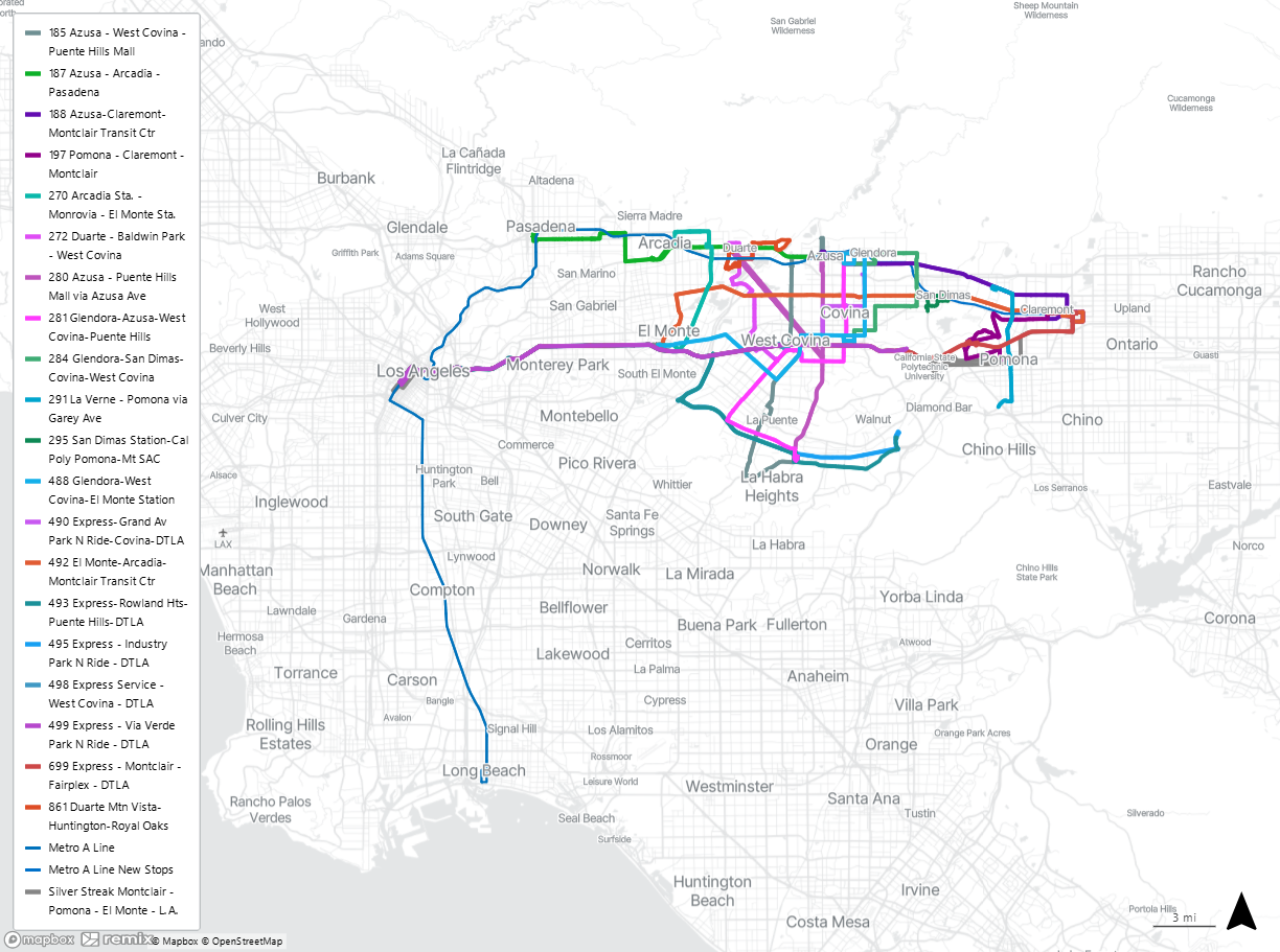 map shows the Metro A Line and all the Foothill Transit lines that connect with it