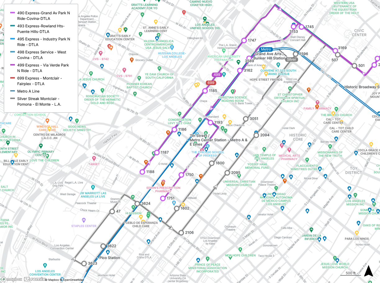 map shows the 7th Street/Metro Center Station and the closest stops for Lines 490, 493, 495, 498, 499, and 699 and the Silver Streak