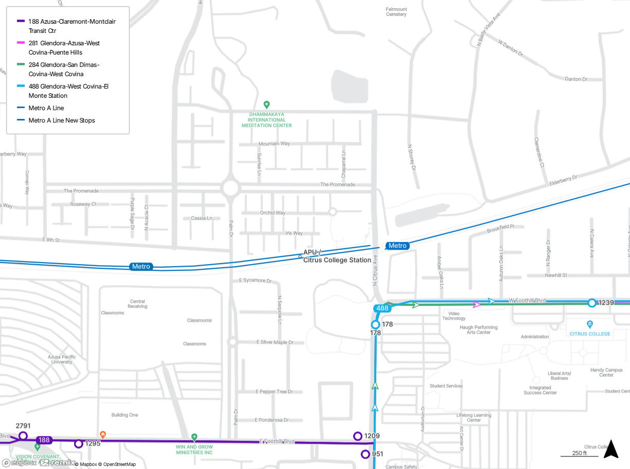 map shows the APU/Citrus College Station and the closest stops for Lines 188, 281, 284, and 490