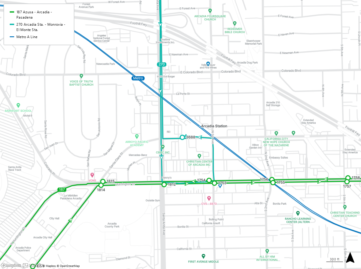 map shows the Arcadia Station and the closest stops for Lines 187 and 270