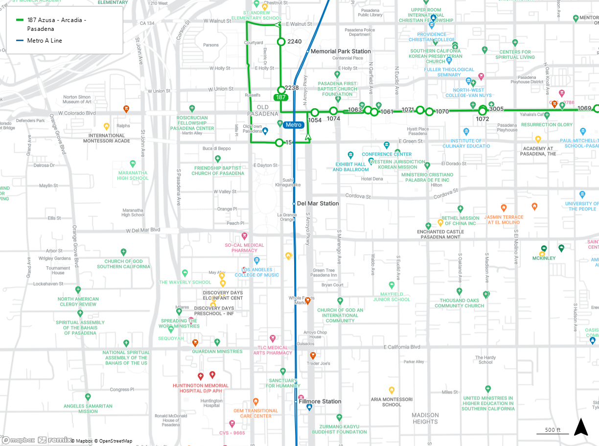 map shows the Del Mar Station and the closest stops for Line 187