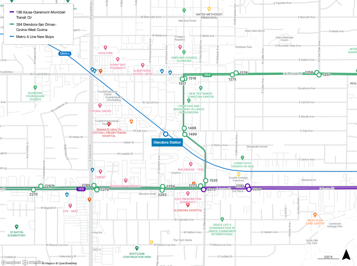 map shows the Glendora Station and the closest stops for Lines 188 and 284
