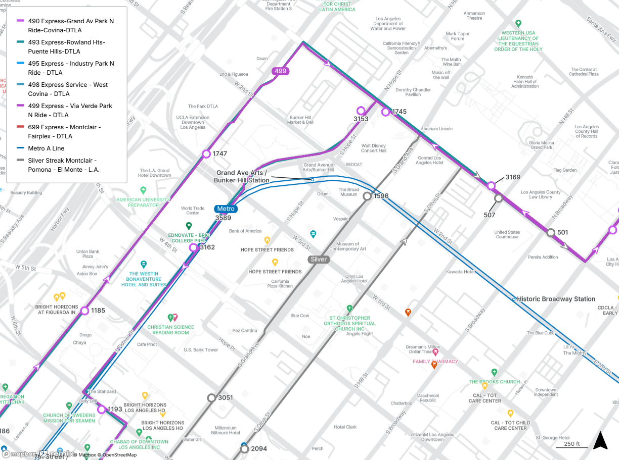 map shows the Grand Ave Arts/Bunker Hill Station and the closest stops for Lines 490, 493, 495, 498, 499, and 699 and the Silver Streak