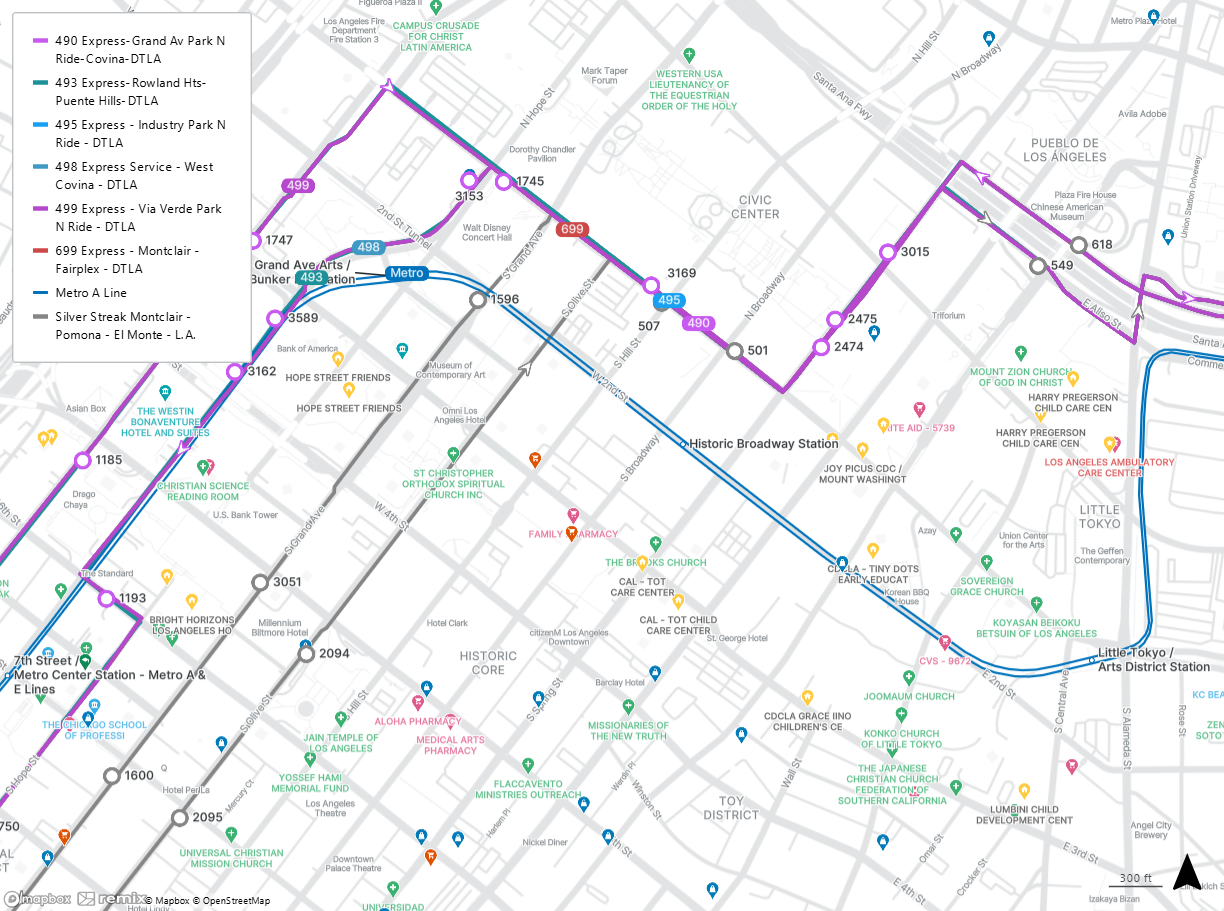 map shows the Historic Broadway Station and the closest stops for Lines 490, 493, 495, 498, 499, and 699 and the Silver Streak