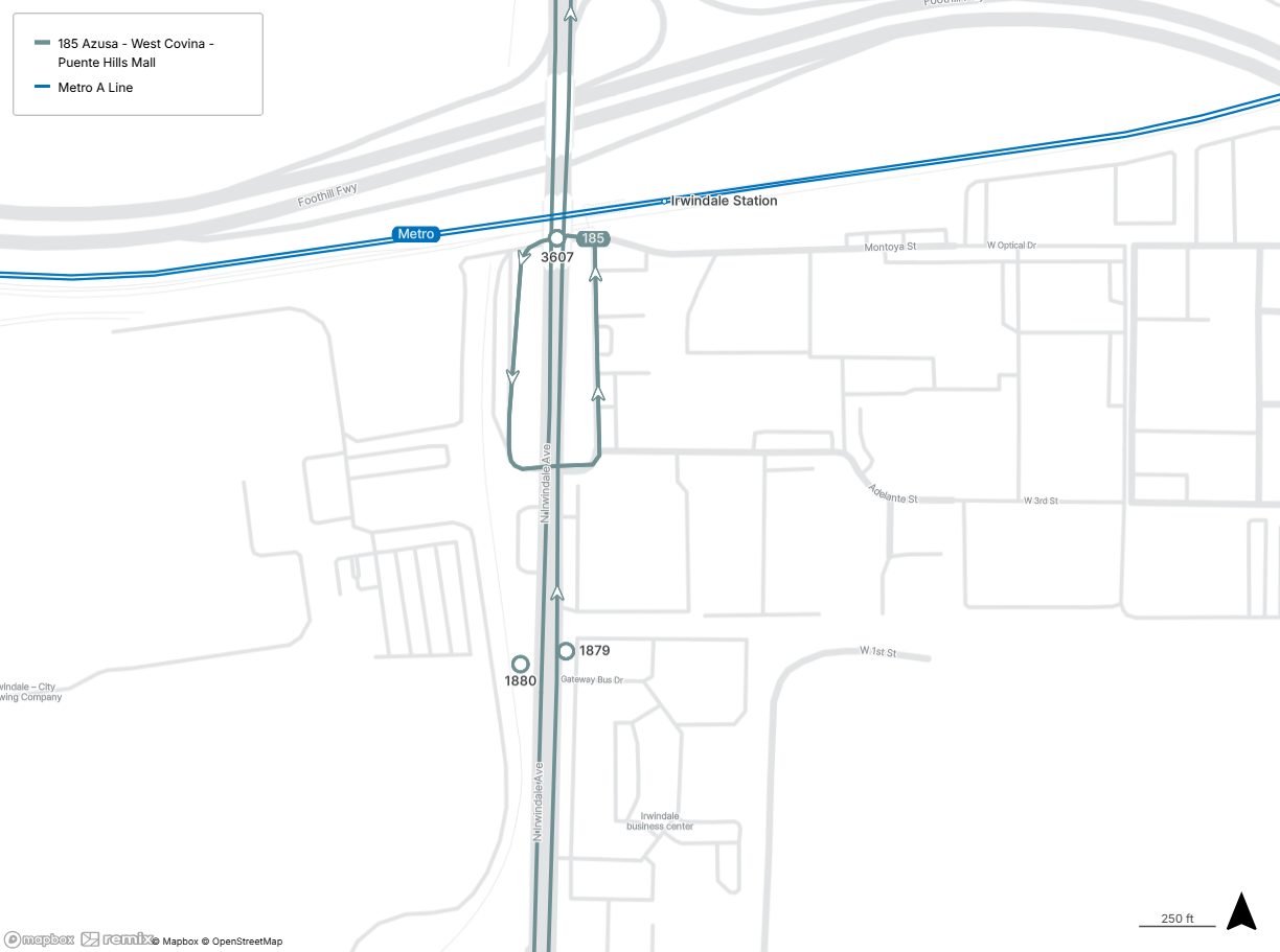 map shows the Irwindale Station and the closest stops for Line 185