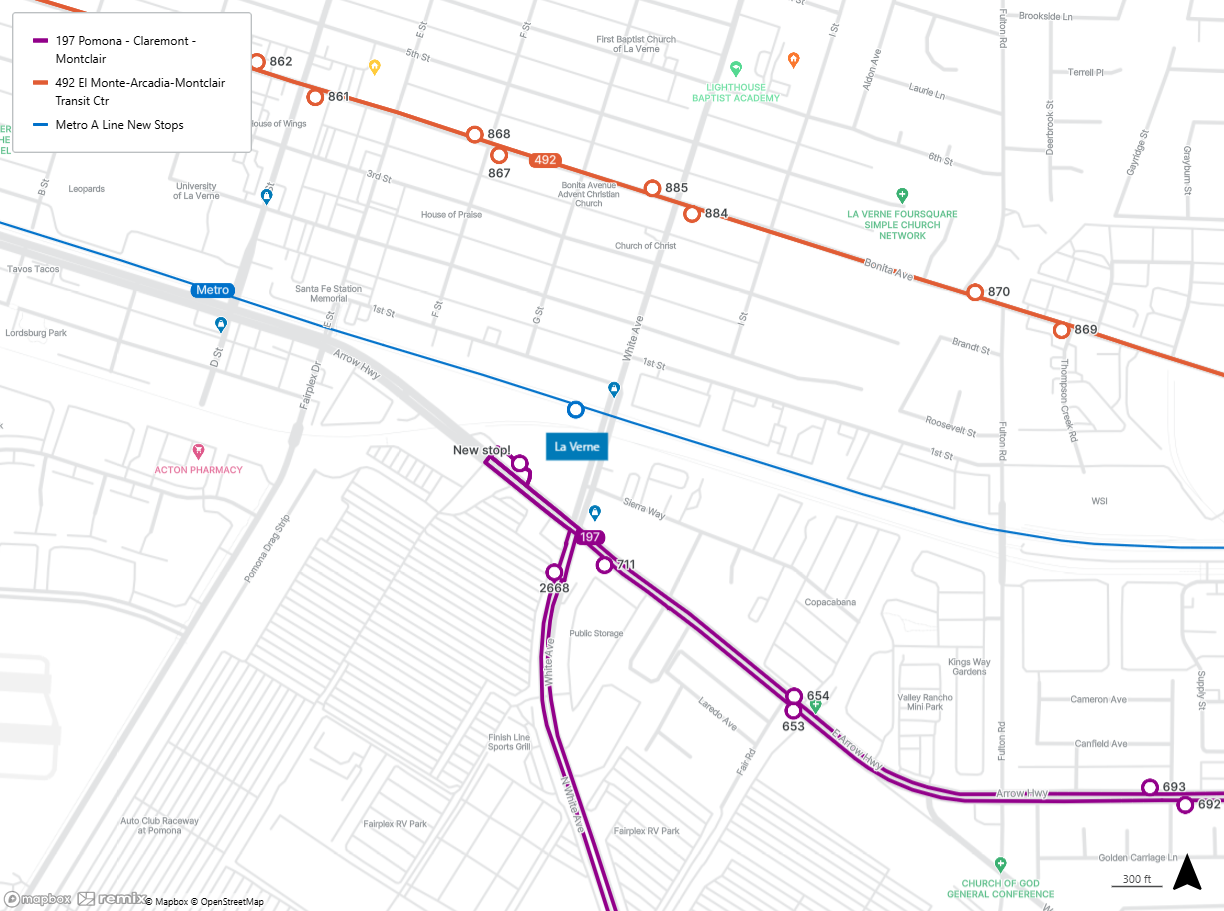 map shows the La Verne Station and the closest stops for Lines 197 and 492