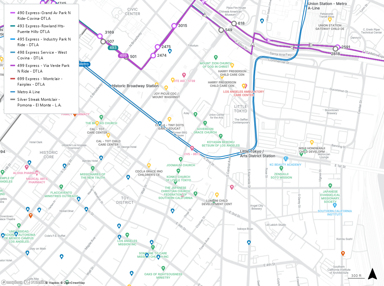 map shows the Little Tokyo/Arts District Station and the closest stops for Lines 490, 493, 495, 498, 499, and 699 and the Silver Streak