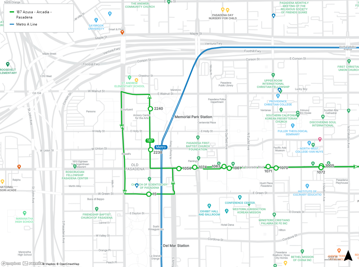 map shows the Memorial Park Station and the closest stops for Line 187