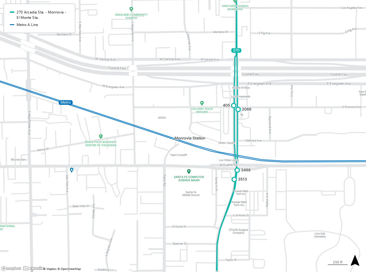 map shows the Monrovia Station and the closest stops for Line 270