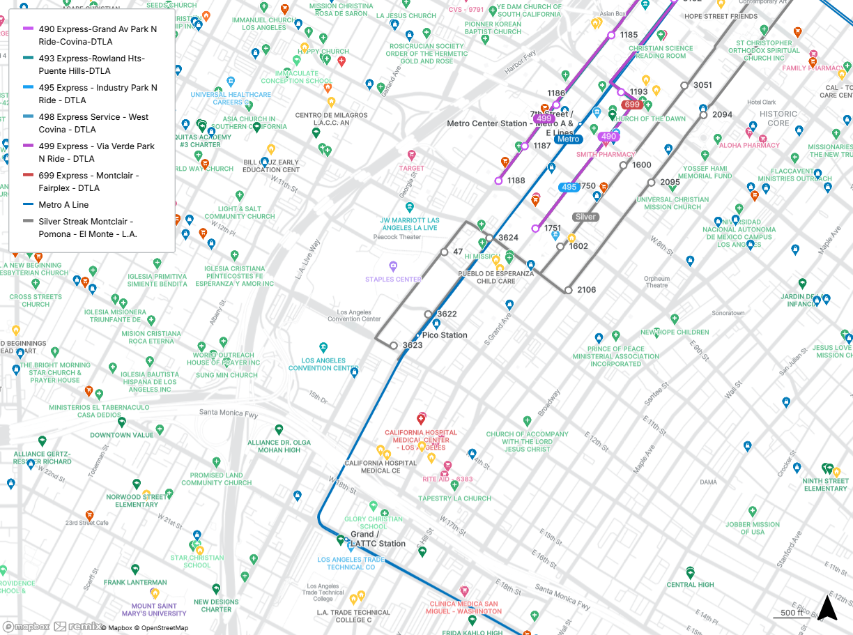 map shows the Pico Station and the closest stops for Lines 490, 493, 495, 498, 499, and 699 and the Silver Streak