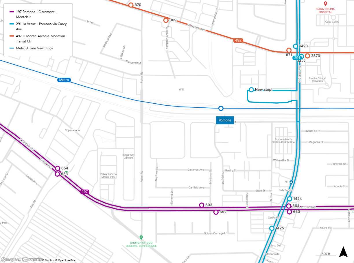 map shows the Pomona Station and the closest stops for Lines 197, 291, and 492