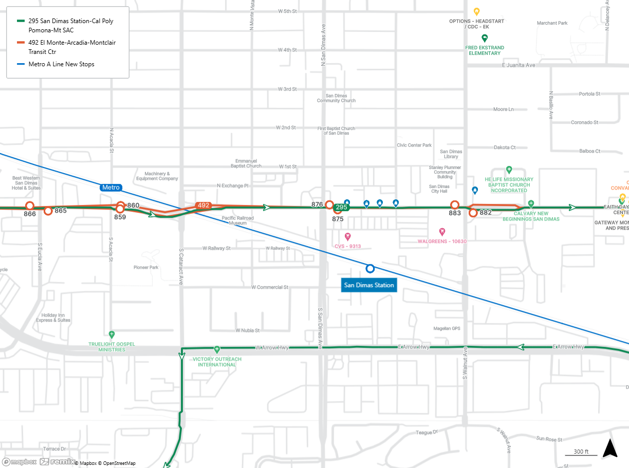 map shows the San Dimas Station and the closest stops for Lines 295 and 492