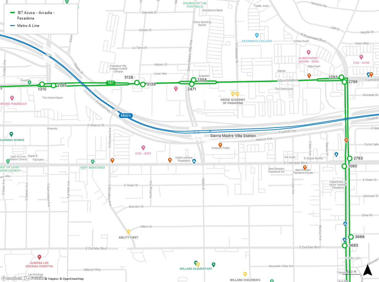 map shows the Sierra Madre Villa Station and the closest stops for Line 187