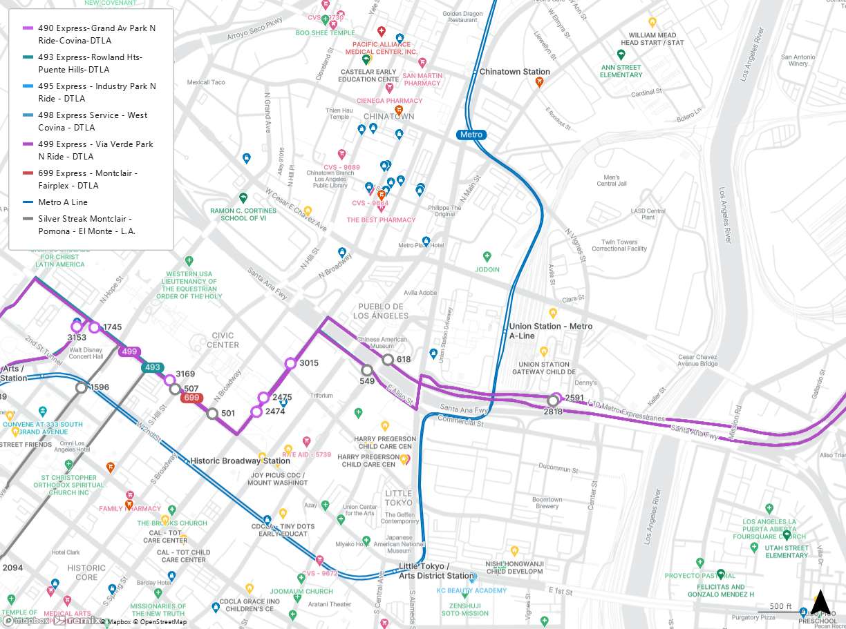 map shows Union Station and the closest stops for Lines 490, 493, 495, 498, 499, and 699 and the Silver Streak