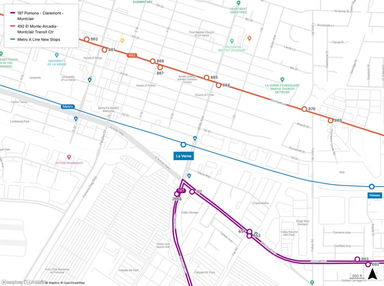 map shows the La Verne Station and the closest stops for Lines 197 and 492