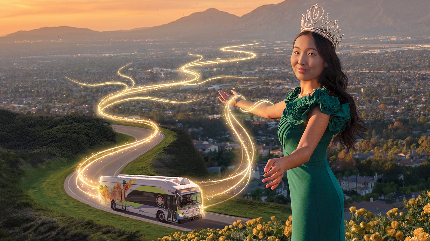 2026 Rose Queen® Serena Guo with a Foothill Transit bus in a valley in the background