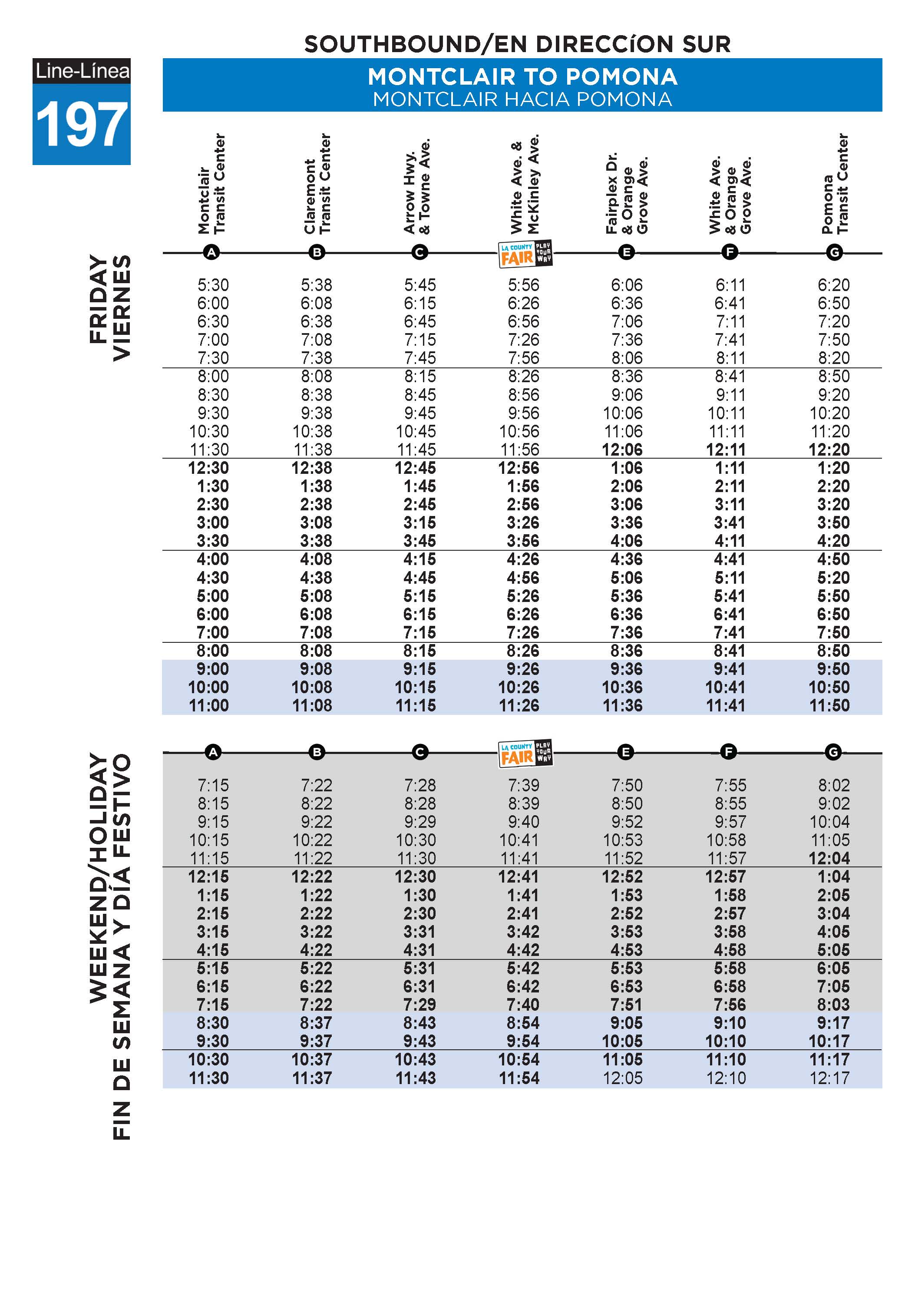 Southbound Friday and weekend Line 197 schedules