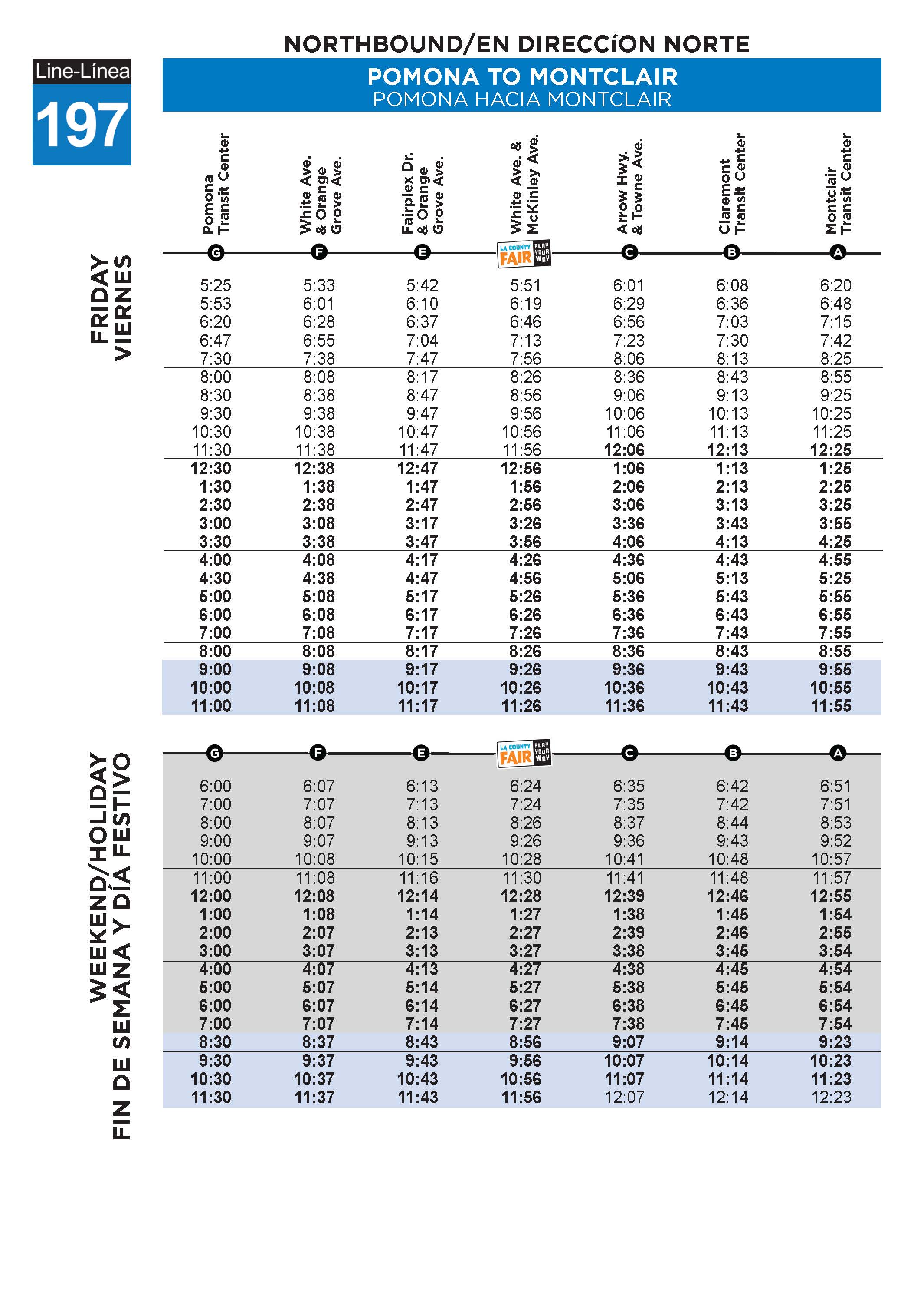 Northbound Friday and weekend Line 197 schedules