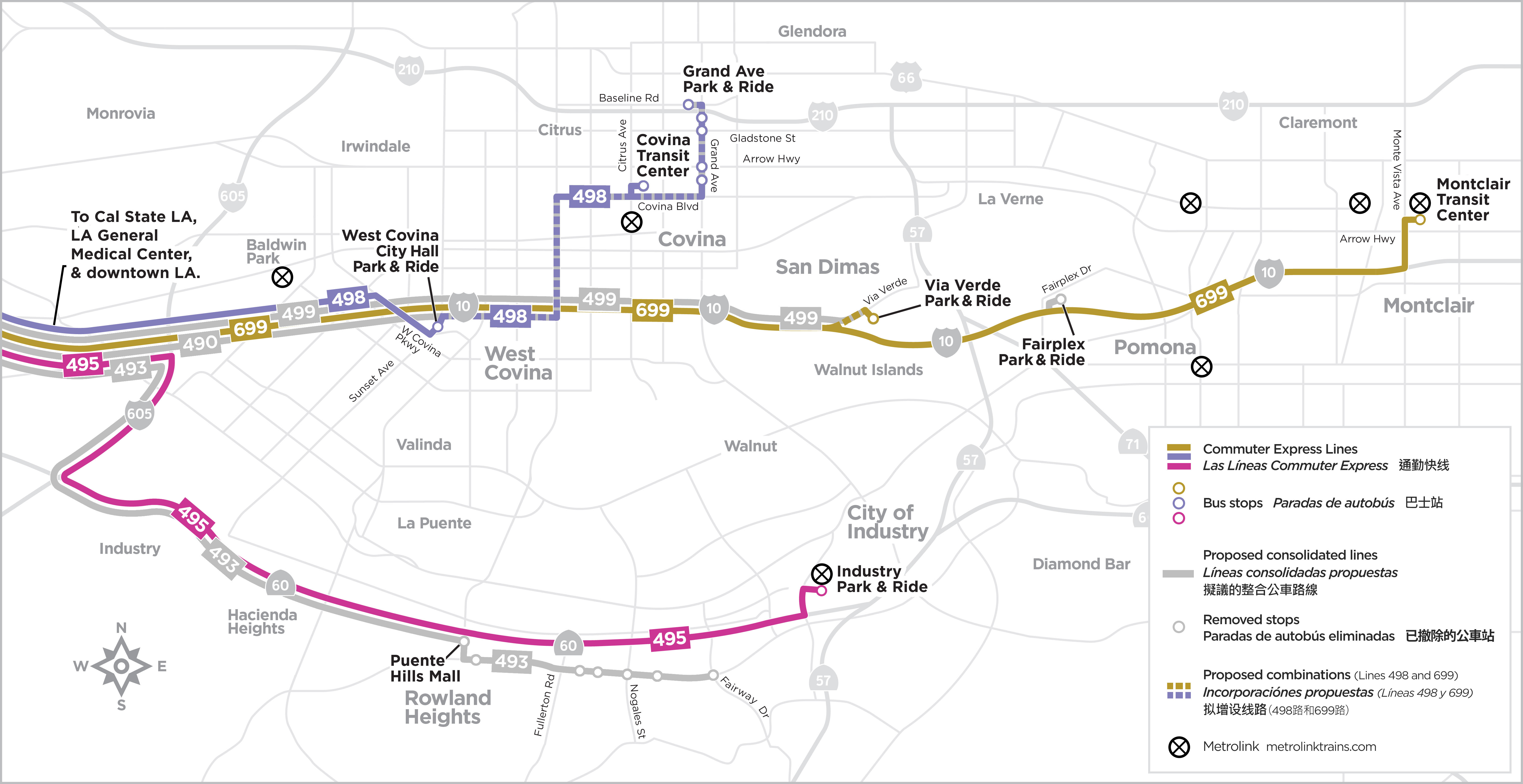 map showing proposed consolidated and combined commuter express lines as well as proposed removed stops