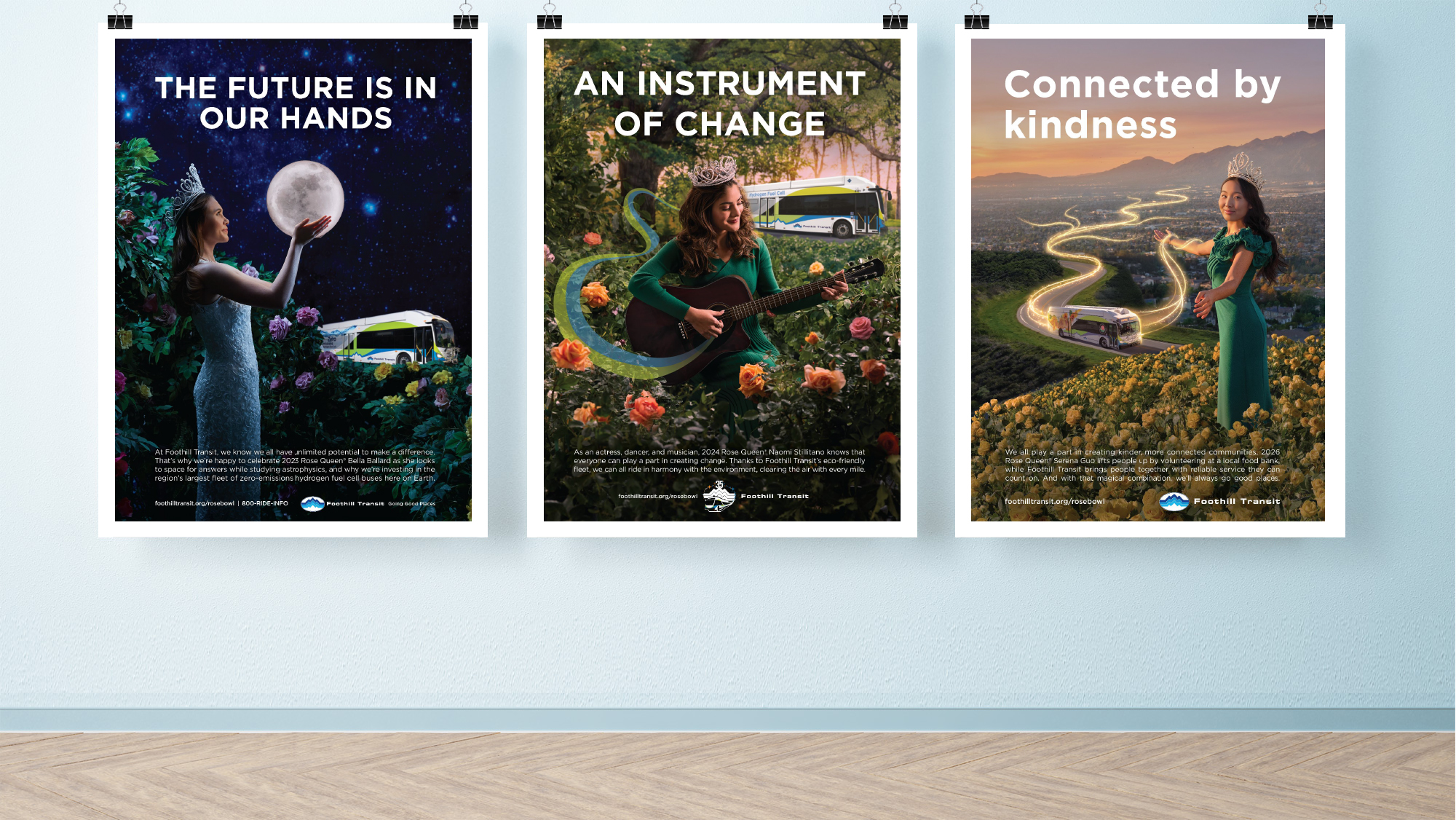 Posters on a wall showing 3 or our Rose Queen campaigns