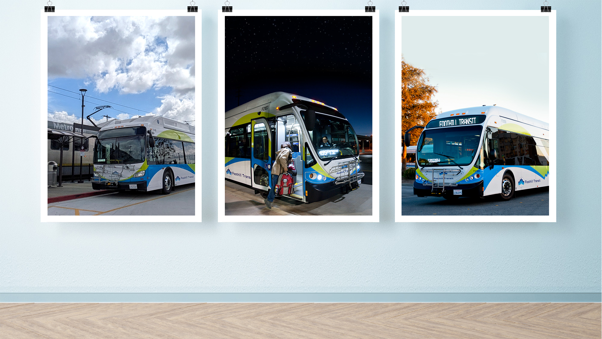 posters of Foothill Transit buses on a wall