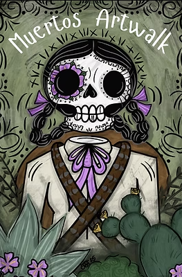 artwork of a calavera with purple ribbons, flowers, and nopales labeled "Muertos Artwalk"
