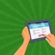 a graphic which shows one hand holding a tablet while the other hand touches the screen where a survey is displayed