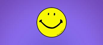 the iconic smiley face on a purple background