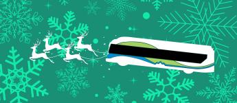 Foothill Transit bus pulled by reindeer on a dark green background with light green snowflakes