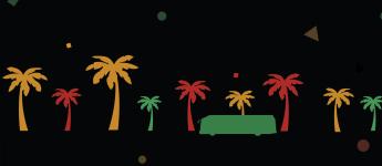 a green bus with red, yellow, and green palm trees on a black background