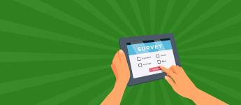 a graphic which shows one hand holding a tablet while the other hand touches the screen where a survey is displayed